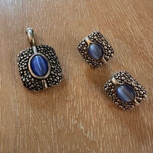 Premier Designs Clip On Earrings and Pendant Elegant Silver and Blue Jewelry Set